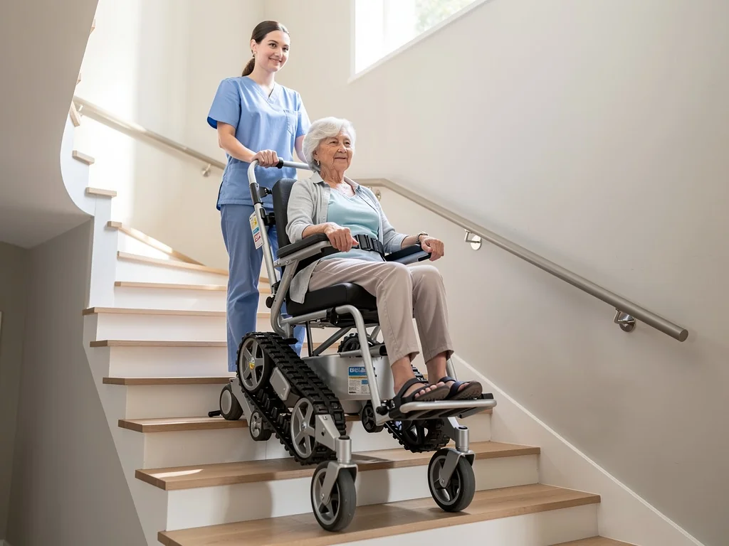 Monte-escalier mobile à roues piloté par un aidant dans un escalier intérieur
