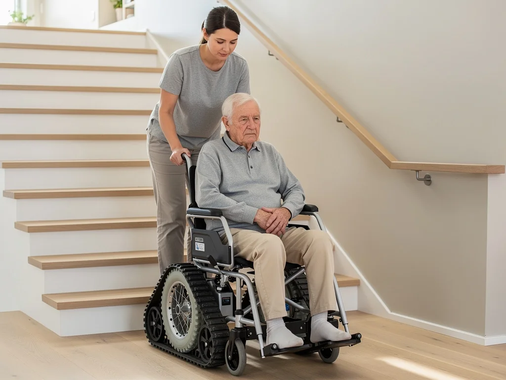 Monte-escalier à chenilles transportant une personne en fauteuil roulant